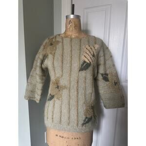 Vintage Mohair Wool Sweater gold metallic striped floral sage Mint green glam